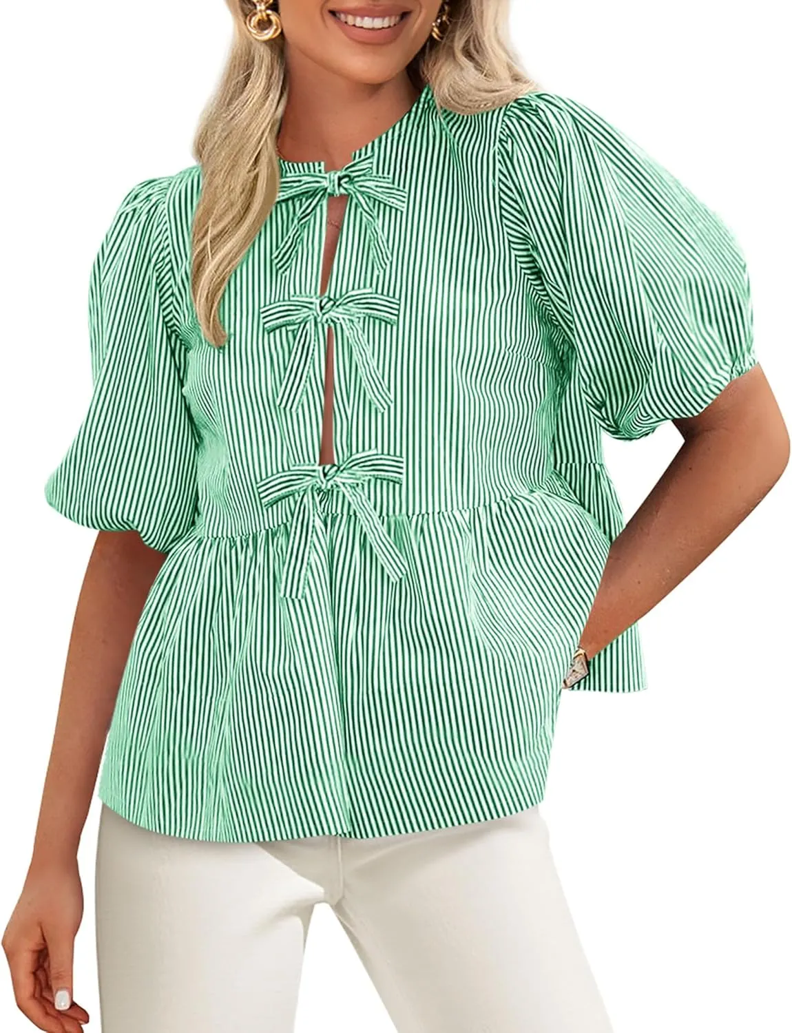 PRETTYGARDEN Women's Summer Tie Front Striped Shirt 2025 Trendy Cute Babydoll Tops Fashion Peplum Puffy Sleeve Blouse