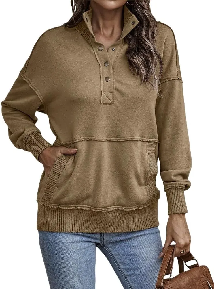 Pullover Sweatshirts for Women Henley Sweatshirts Casual Long Sleeve Hoodies Button V Neck Tops Loose Tunic Tops