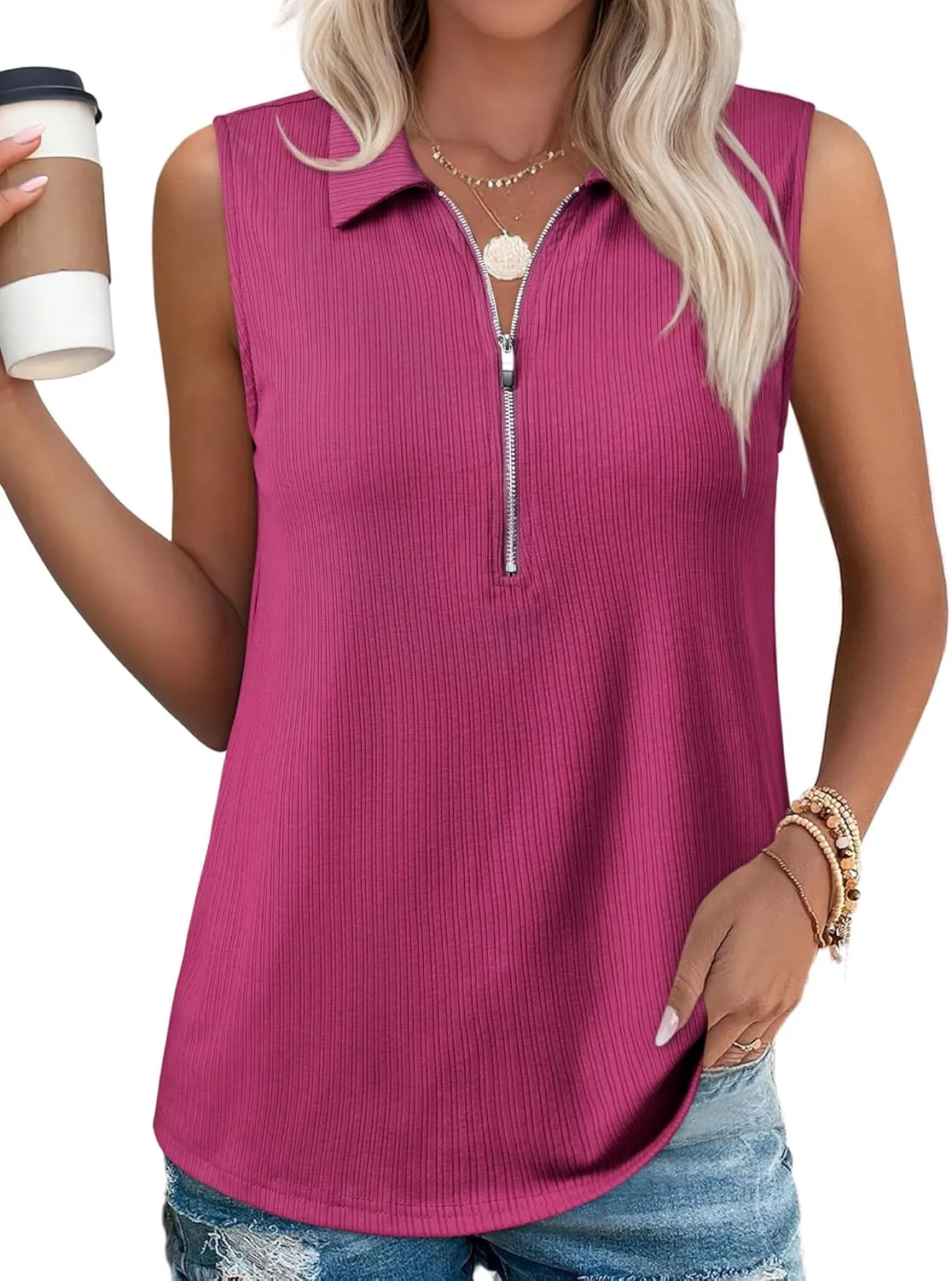 Ribbed Tank Tops for Women Zipper V Neck Dressy Casual Blouses Sleeveless Camisole Top Business Work Polo Shirts
