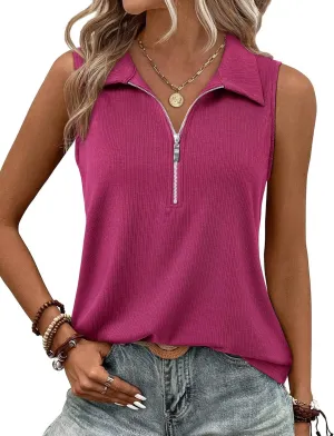 Ribbed Tank Tops for Women Zipper V Neck Dressy Casual Blouses Sleeveless Camisole Top Business Work Polo Shirts