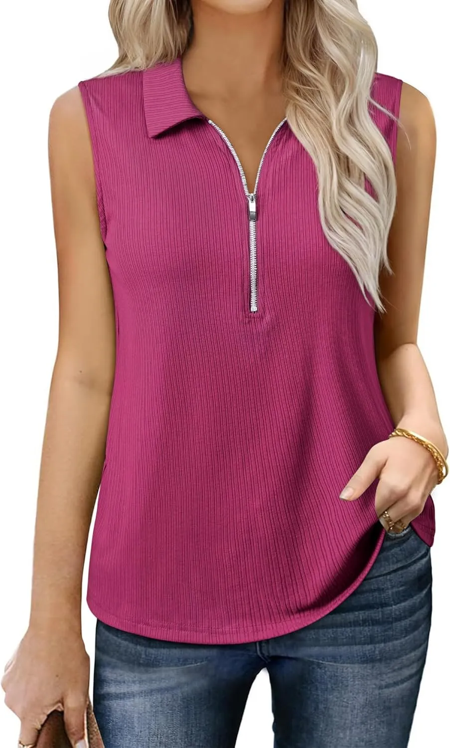 Ribbed Tank Tops for Women Zipper V Neck Dressy Casual Blouses Sleeveless Camisole Top Business Work Polo Shirts