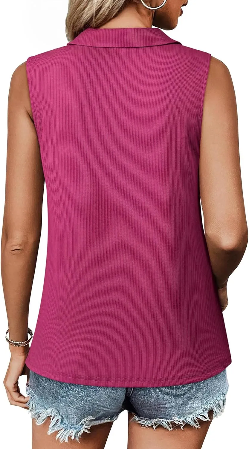 Ribbed Tank Tops for Women Zipper V Neck Dressy Casual Blouses Sleeveless Camisole Top Business Work Polo Shirts