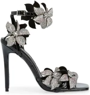 Richealnana Women's Rhinestones Sparkle Square Toe Sandals Stiletto Heel Floral Crystals Ankle Strap Buckle Sandals For Party Prom