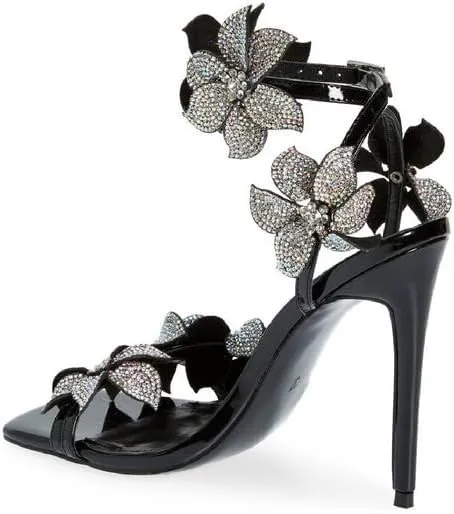 Richealnana Women's Rhinestones Sparkle Square Toe Sandals Stiletto Heel Floral Crystals Ankle Strap Buckle Sandals For Party Prom