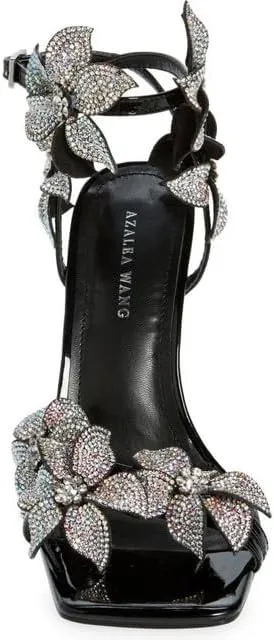 Richealnana Women's Rhinestones Sparkle Square Toe Sandals Stiletto Heel Floral Crystals Ankle Strap Buckle Sandals For Party Prom