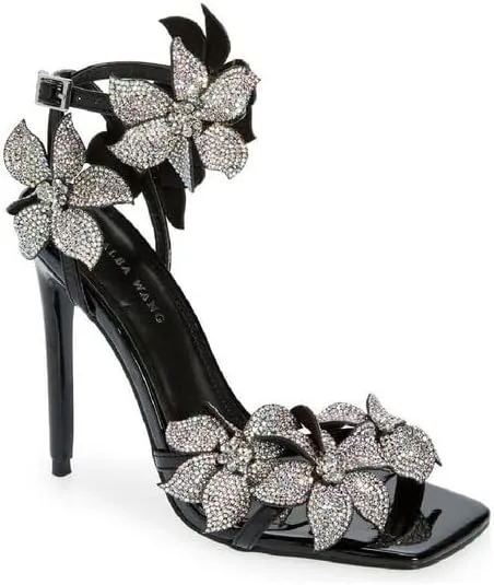 Richealnana Women's Rhinestones Sparkle Square Toe Sandals Stiletto Heel Floral Crystals Ankle Strap Buckle Sandals For Party Prom