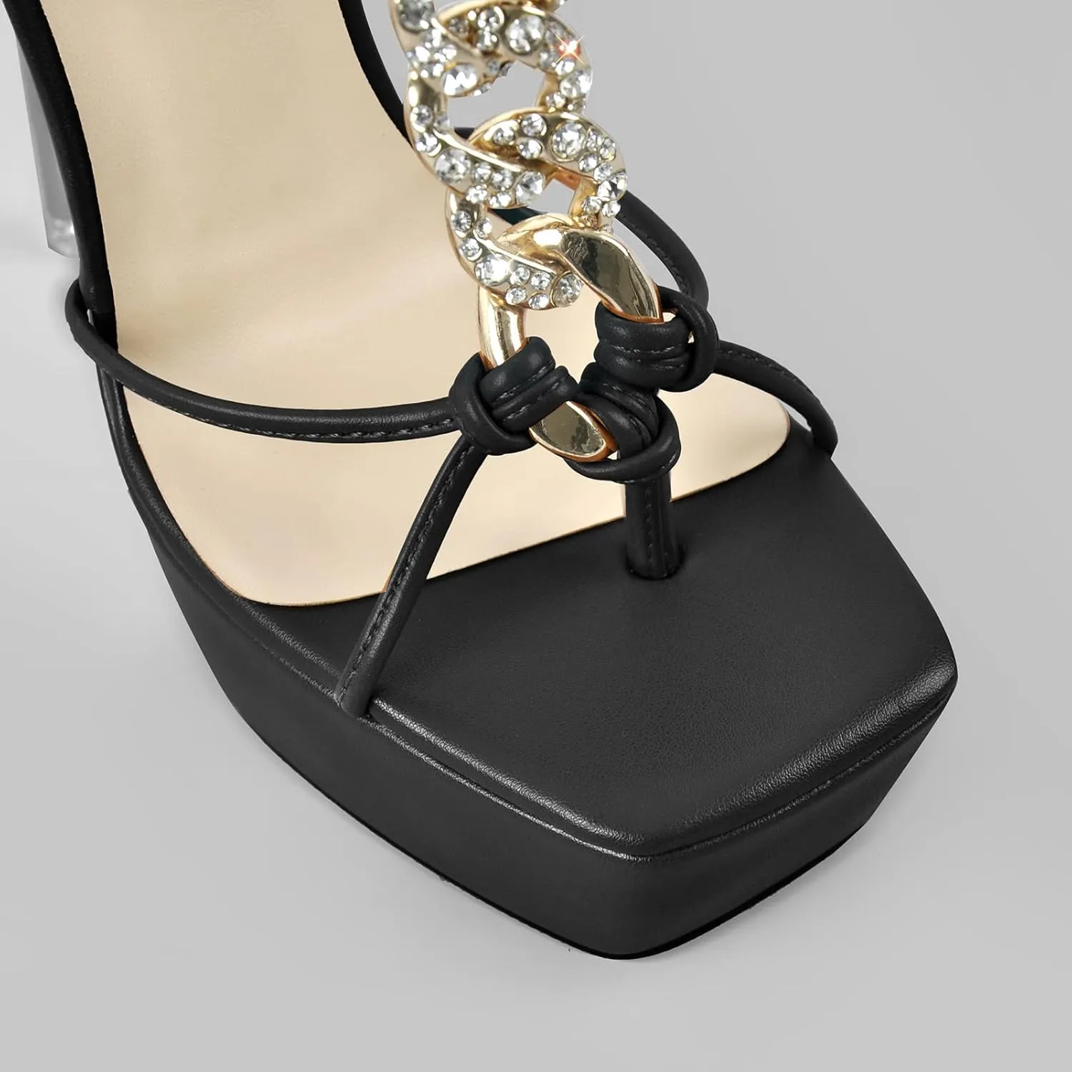 richealnini Sexy Square Toe Clear Heels Stilettos Sandals with Rhinestones and Platform Lace Up High Heels