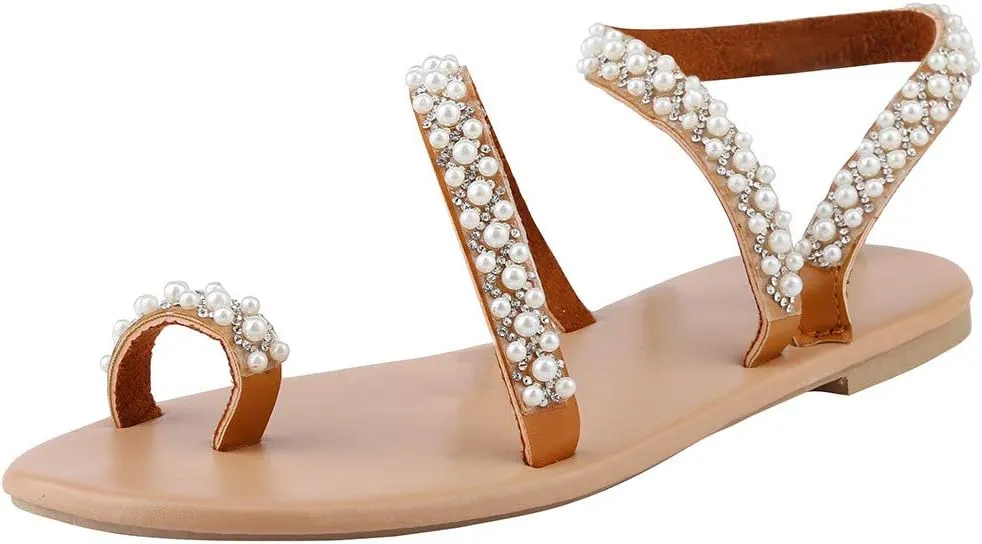 Sandals Women 2025 Travel Rhinestone Boho Sandals Summer Beach Wedding Shoes Strappy Bohemian Flat Sandal