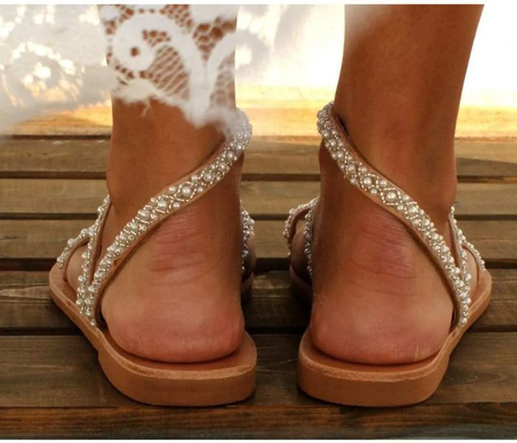 Sandals Women 2025 Travel Rhinestone Boho Sandals Summer Beach Wedding Shoes Strappy Bohemian Flat Sandal