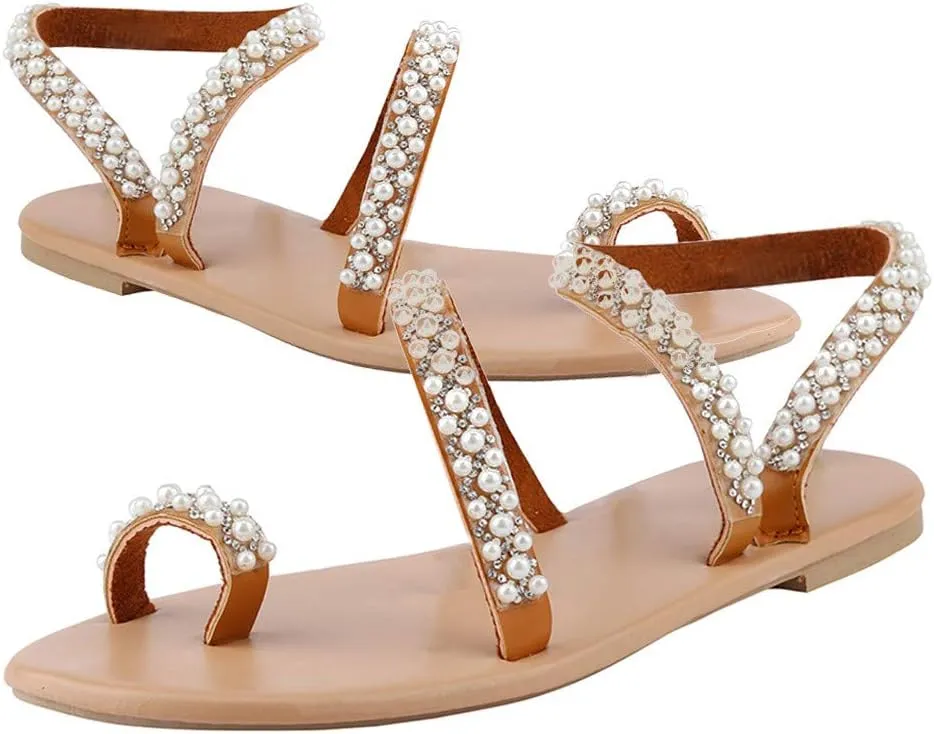 Sandals Women 2025 Travel Rhinestone Boho Sandals Summer Beach Wedding Shoes Strappy Bohemian Flat Sandal