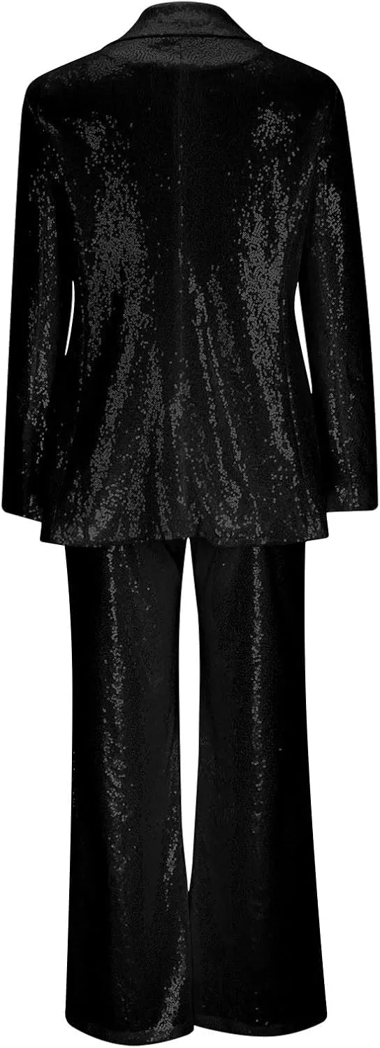 Sequin Women Suits Set Blazer Jacket and Wide Leg Pants 2 Piece Outfits Ladies Wedding Sequin Sets Party Wear Suits