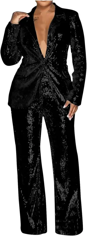 Sequin Women Suits Set Blazer Jacket and Wide Leg Pants 2 Piece Outfits Ladies Wedding Sequin Sets Party Wear Suits