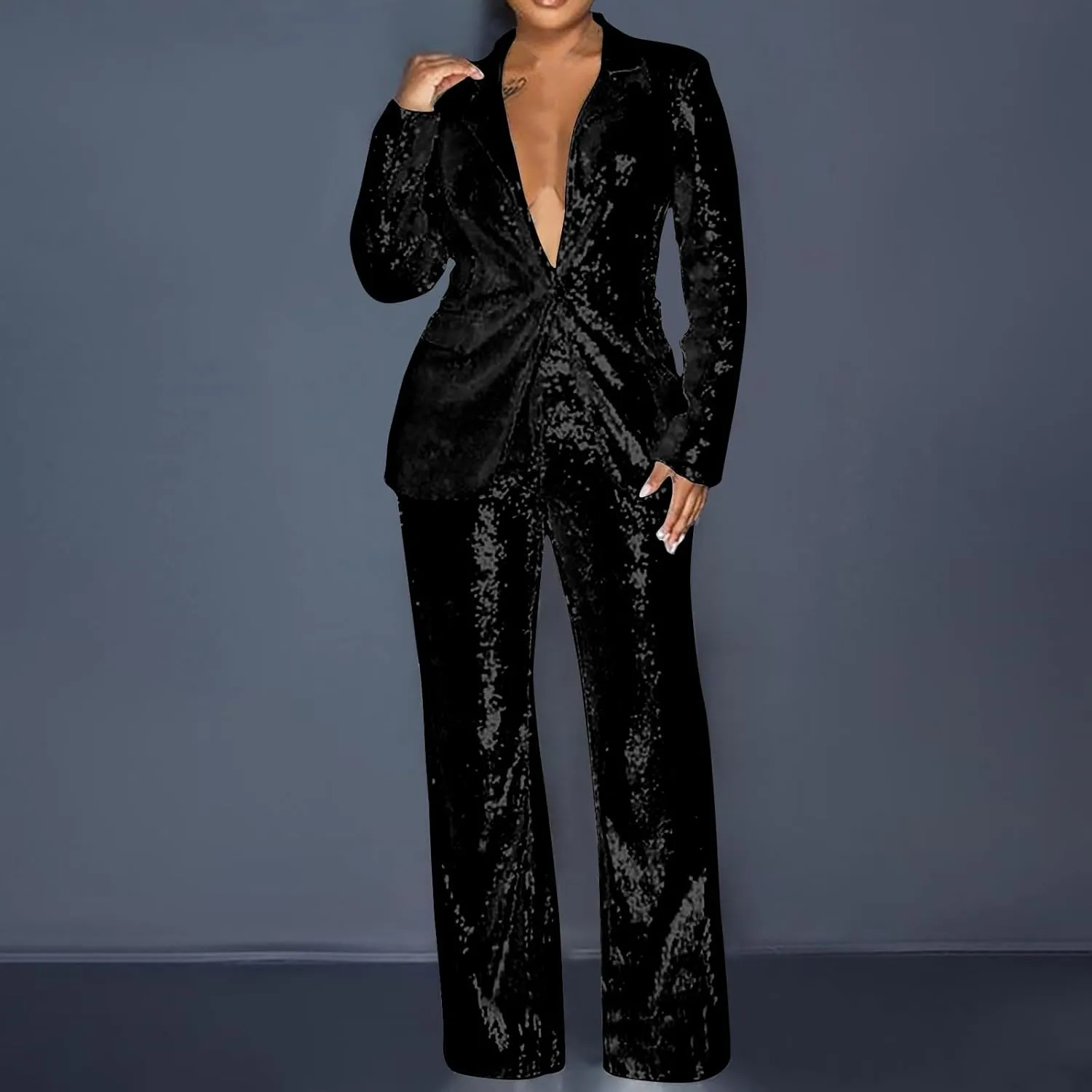 Sequin Women Suits Set Blazer Jacket and Wide Leg Pants 2 Piece Outfits Ladies Wedding Sequin Sets Party Wear Suits