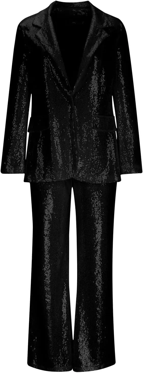Sequin Women Suits Set Blazer Jacket and Wide Leg Pants 2 Piece Outfits Ladies Wedding Sequin Sets Party Wear Suits