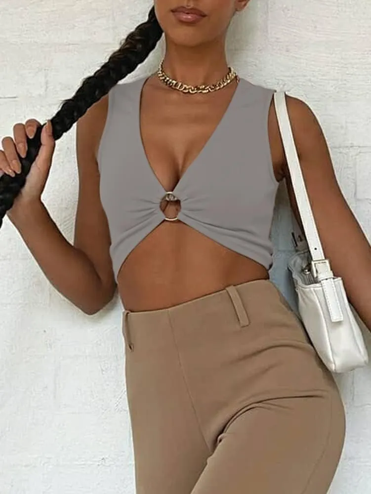 Sexy Crop Tops for Women Sleeveless Deep V Neck Workout Tops Plunge Ring Cleavage Cropped Tank Top