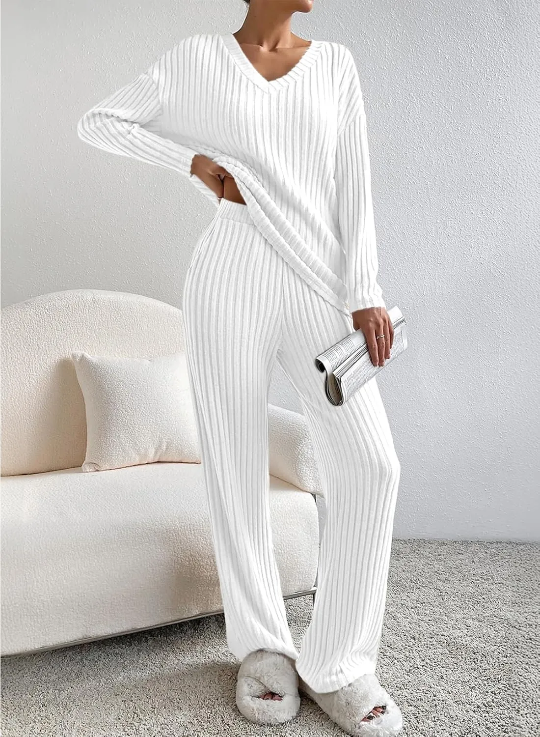 SHEWIN Women's Pajama Sets Long Sleeve Short Sleeve 2 Piece Lounge Sets Ribbed Knit Sweater Sleepwear