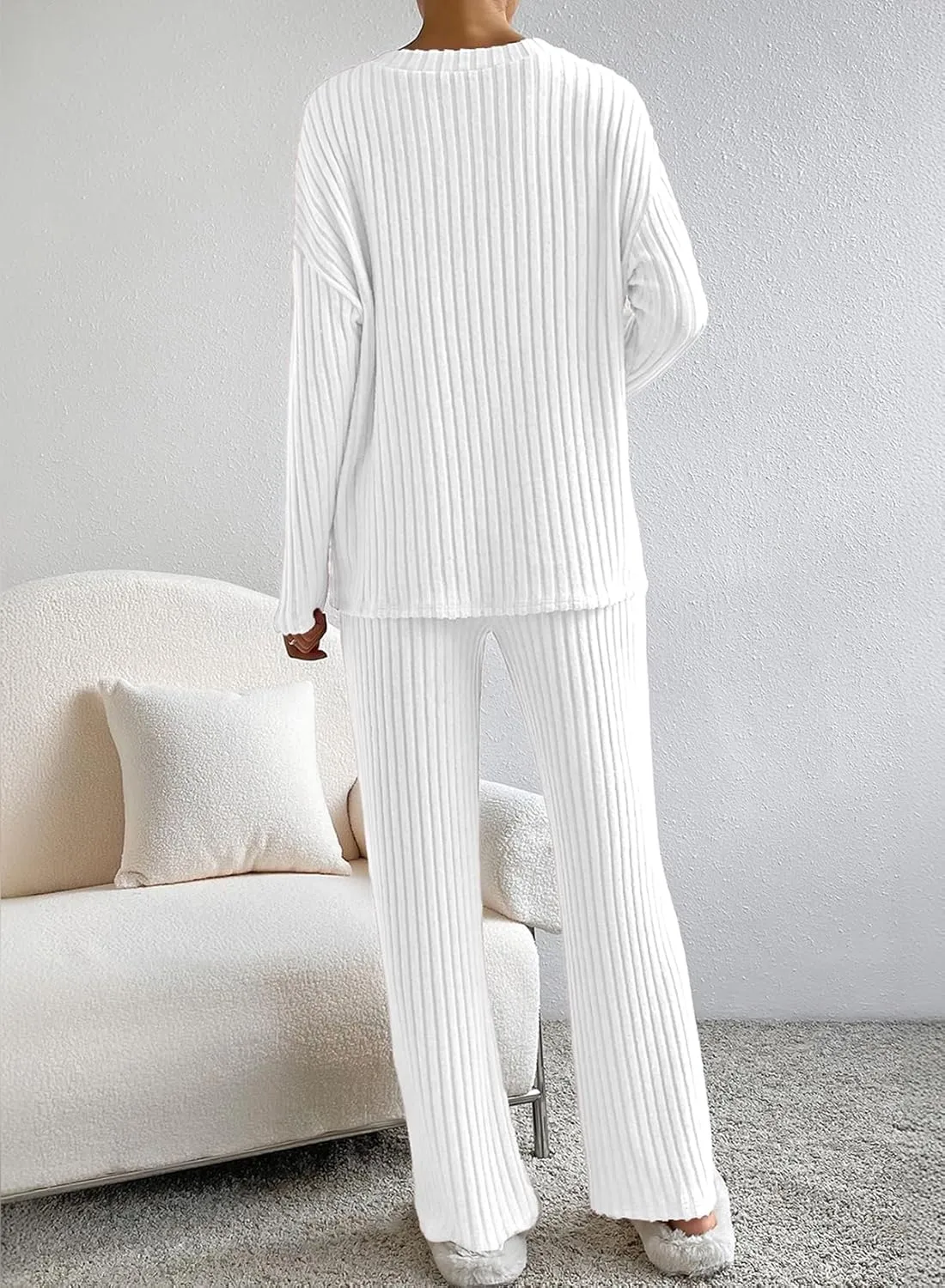 SHEWIN Women's Pajama Sets Long Sleeve Short Sleeve 2 Piece Lounge Sets Ribbed Knit Sweater Sleepwear