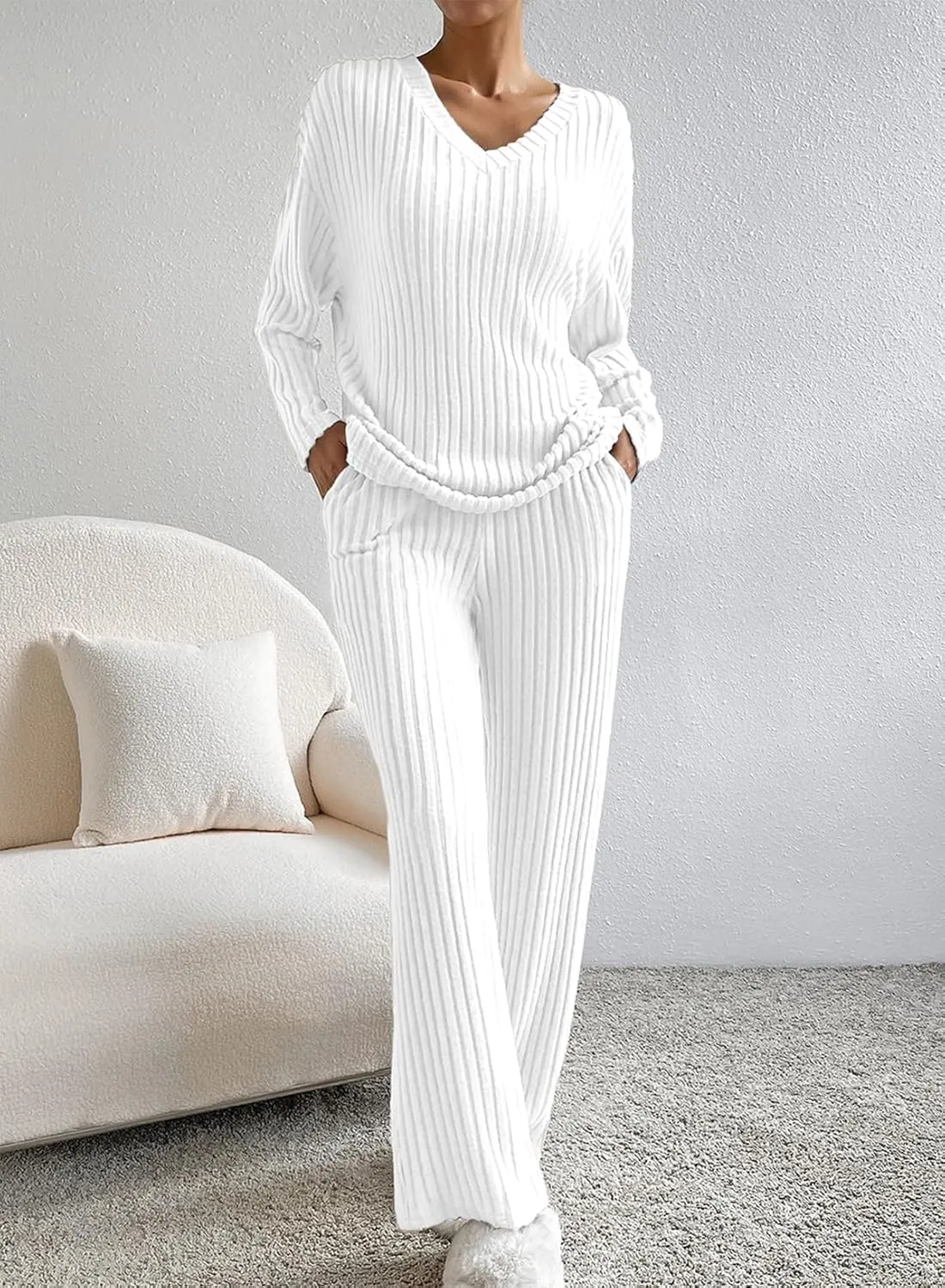 SHEWIN Women's Pajama Sets Long Sleeve Short Sleeve 2 Piece Lounge Sets Ribbed Knit Sweater Sleepwear