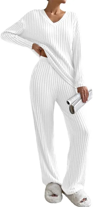 SHEWIN Women's Pajama Sets Long Sleeve Short Sleeve 2 Piece Lounge Sets Ribbed Knit Sweater Sleepwear