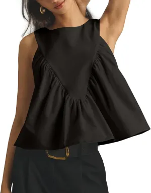 Shiyifa Womens Peplum Babydoll Tops Shirred Swing Tank Tops Pleated Flowy Loose Fit Ruffled Vests