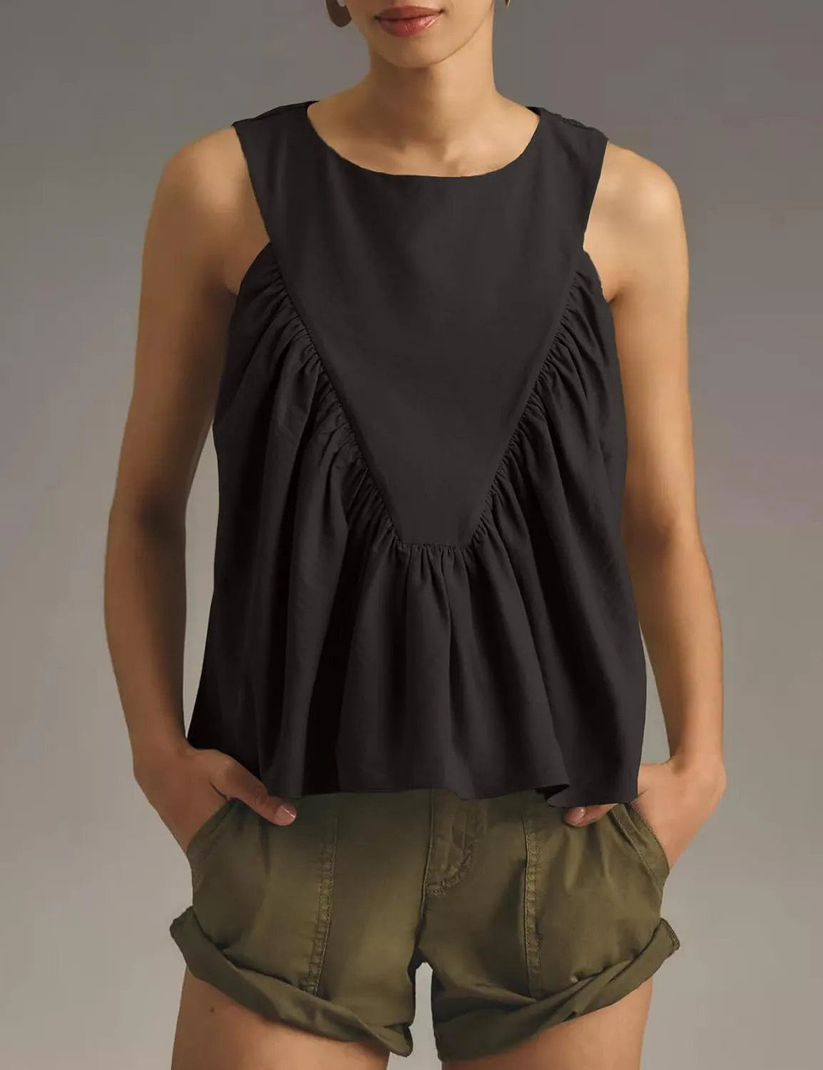 Shiyifa Womens Peplum Babydoll Tops Shirred Swing Tank Tops Pleated Flowy Loose Fit Ruffled Vests