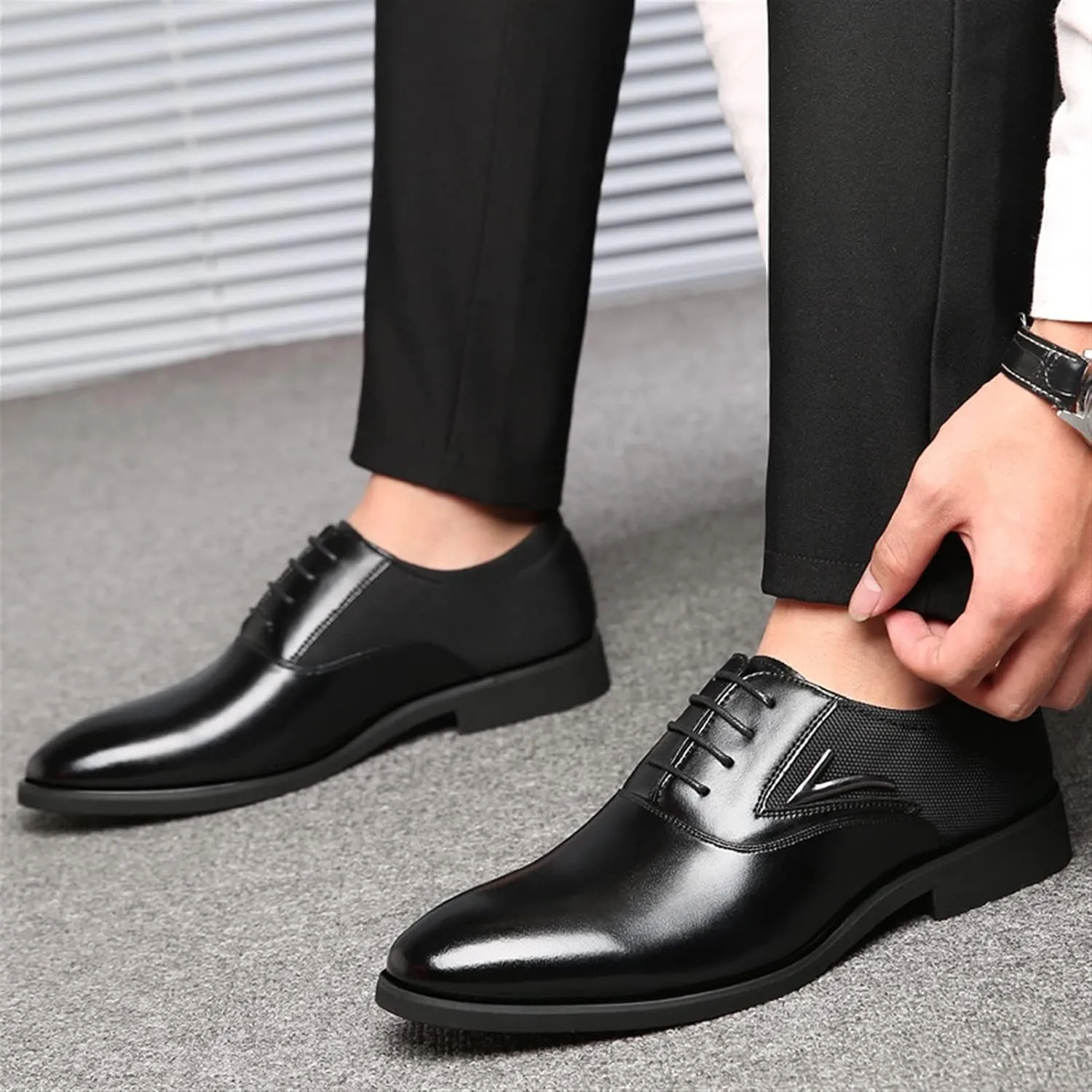 Shoes Dress Oxford for Men Lace Up Round Black Burnished Toe Vegan Leather Block Heel Slip Resistant Rubber Sole Wedding