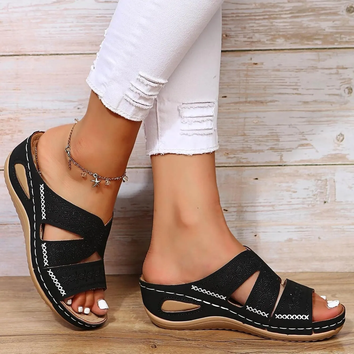 Slip On Wedges Sandals for Women Arch Support Cushioned Slides Summer Beach Slippers Versatile Dress Shoes