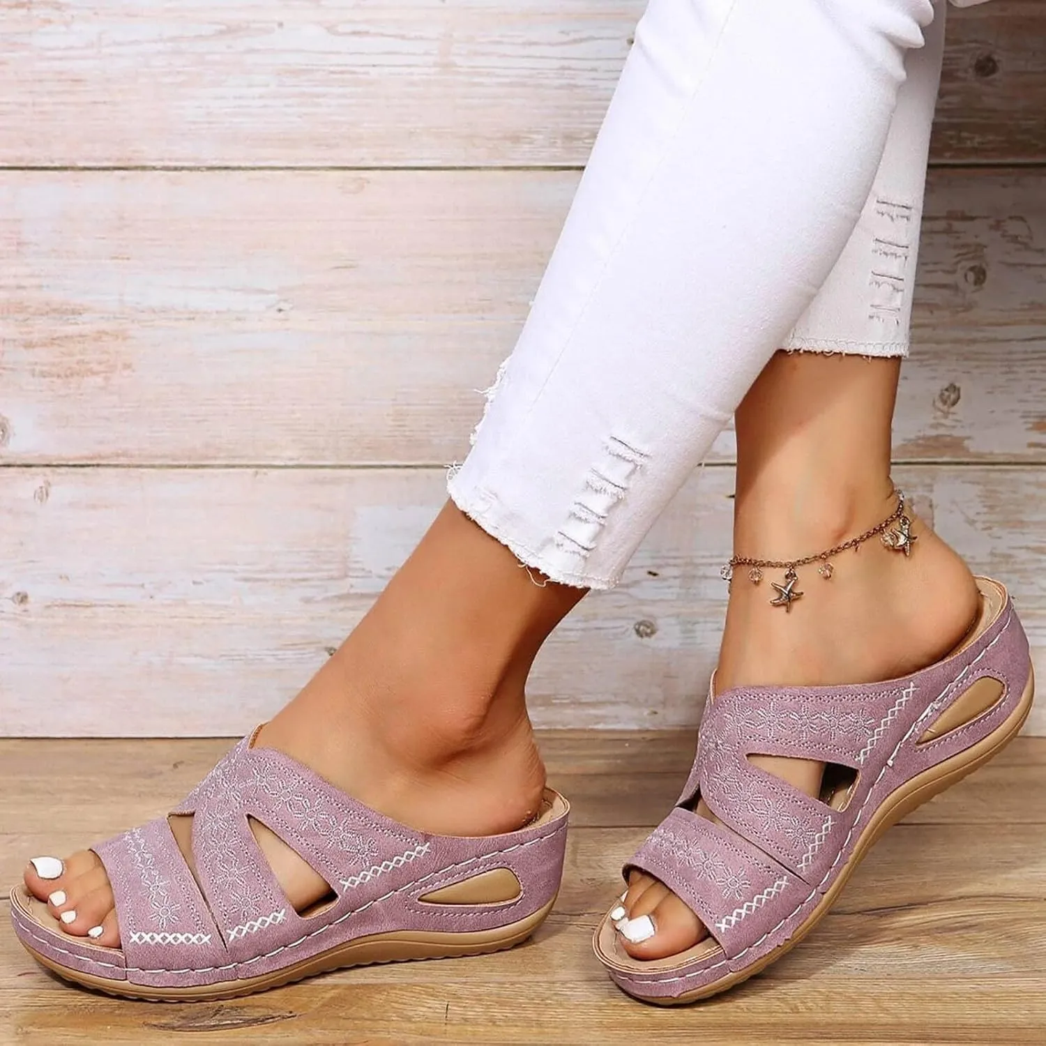 Slip On Wedges Sandals for Women Arch Support Cushioned Slides Summer Beach Slippers Versatile Dress Shoes