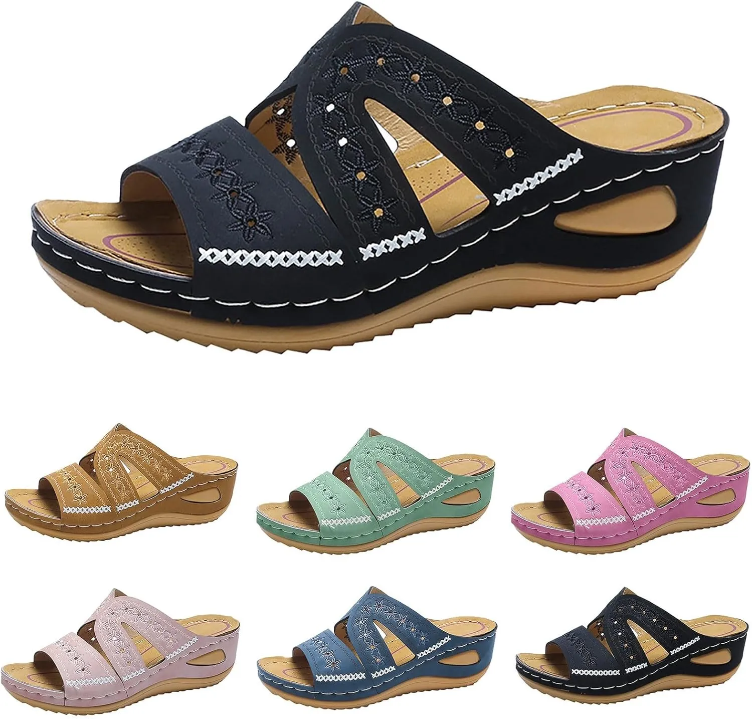 Slip On Wedges Sandals for Women Arch Support Cushioned Slides Summer Beach Slippers Versatile Dress Shoes