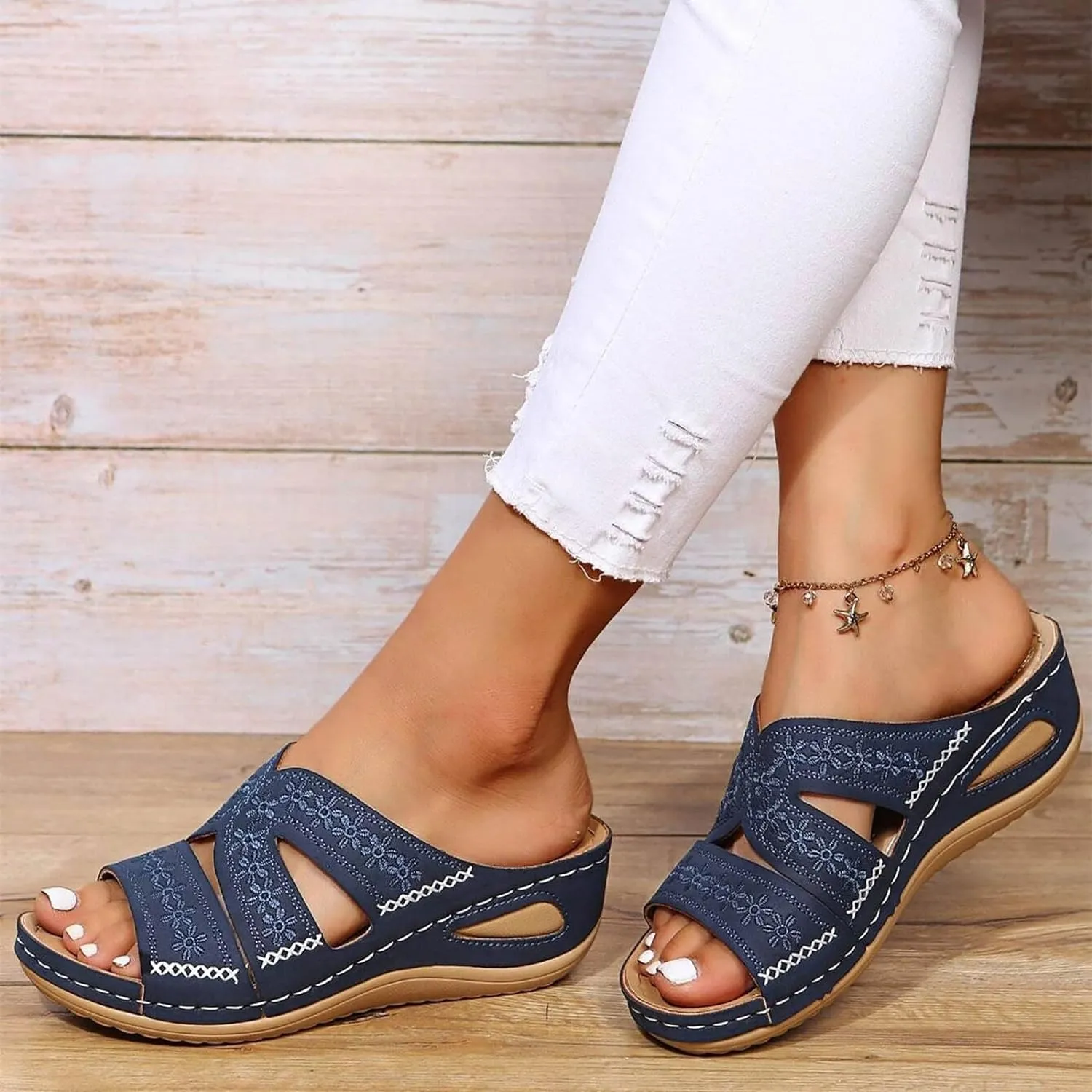 Slip On Wedges Sandals for Women Arch Support Cushioned Slides Summer Beach Slippers Versatile Dress Shoes