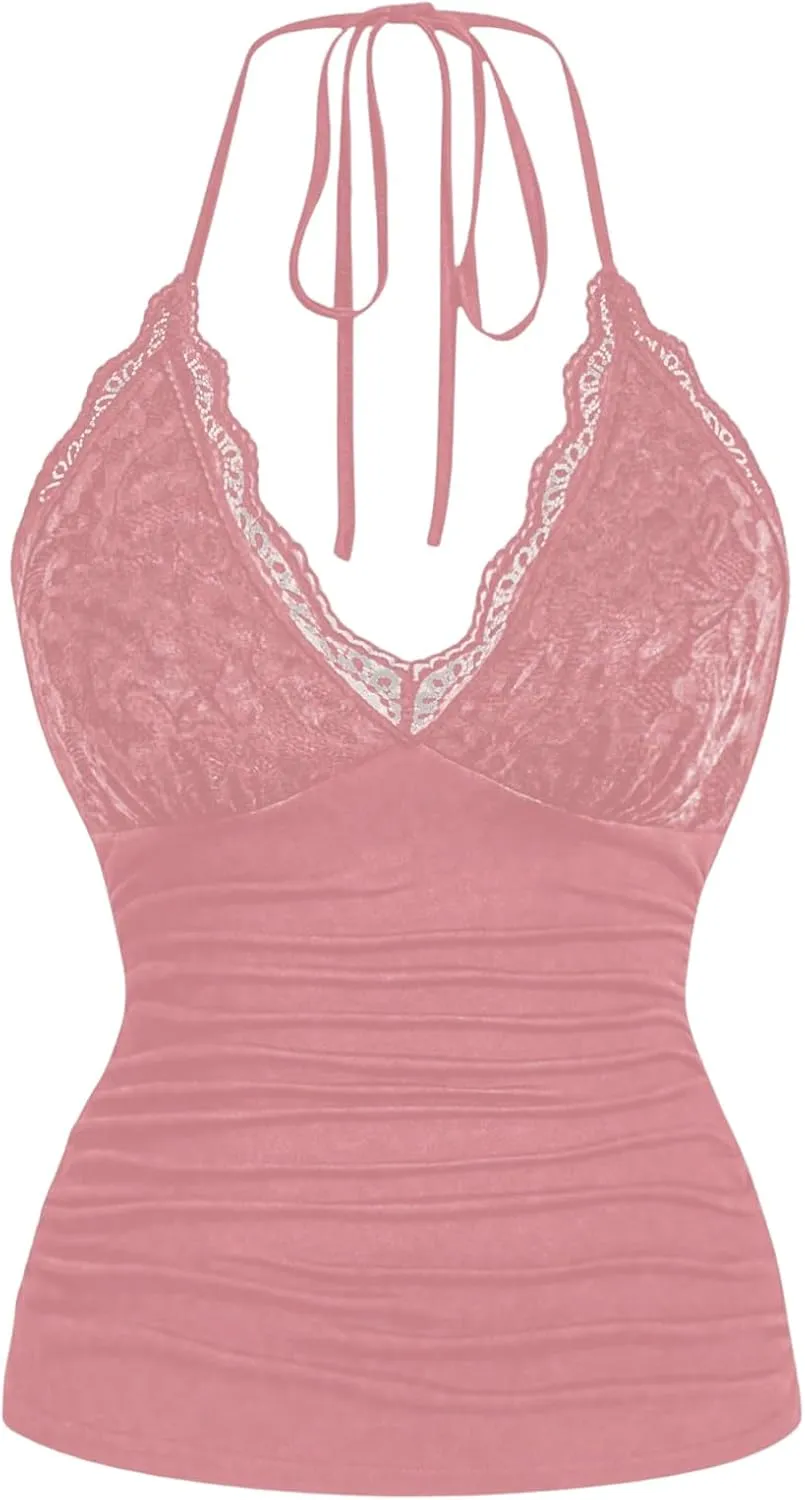 SOLY HUX Women's Plus Size Tops Lace Trim Halter V Neck Ruched Summer Cami Tops