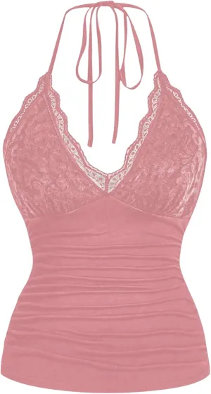 SOLY HUX Women's Plus Size Tops Lace Trim Halter V Neck Ruched Summer Cami Tops