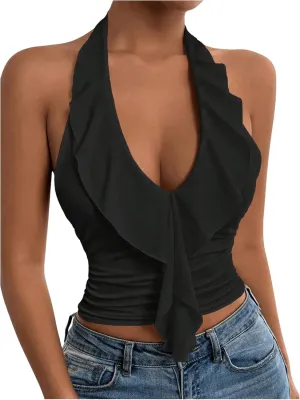SOLY HUX Women's Ruffle Trim Halter Tops Ruched V Neck Sleeveless Going Out Crop Tops