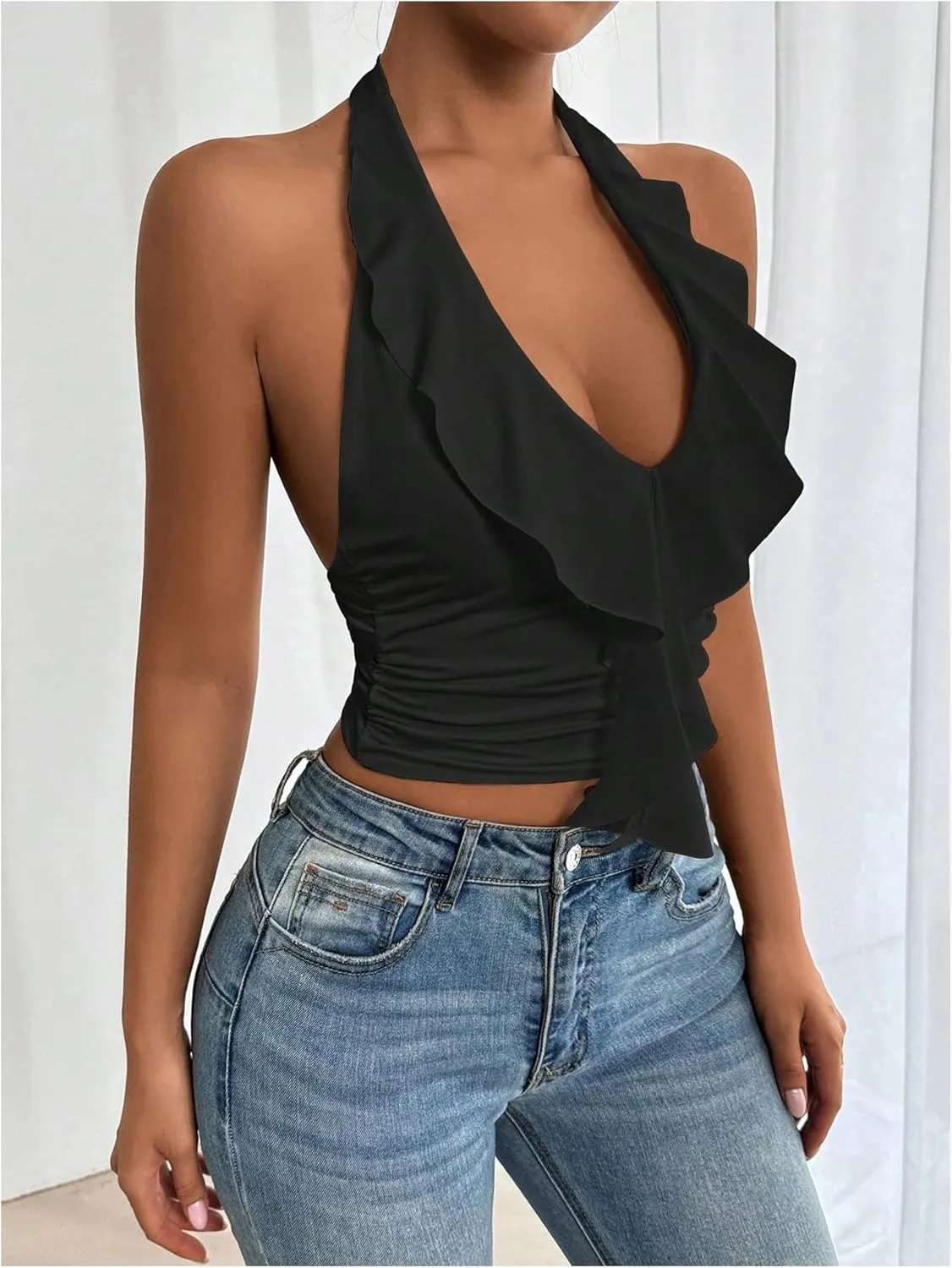 SOLY HUX Women's Ruffle Trim Halter Tops Ruched V Neck Sleeveless Going Out Crop Tops