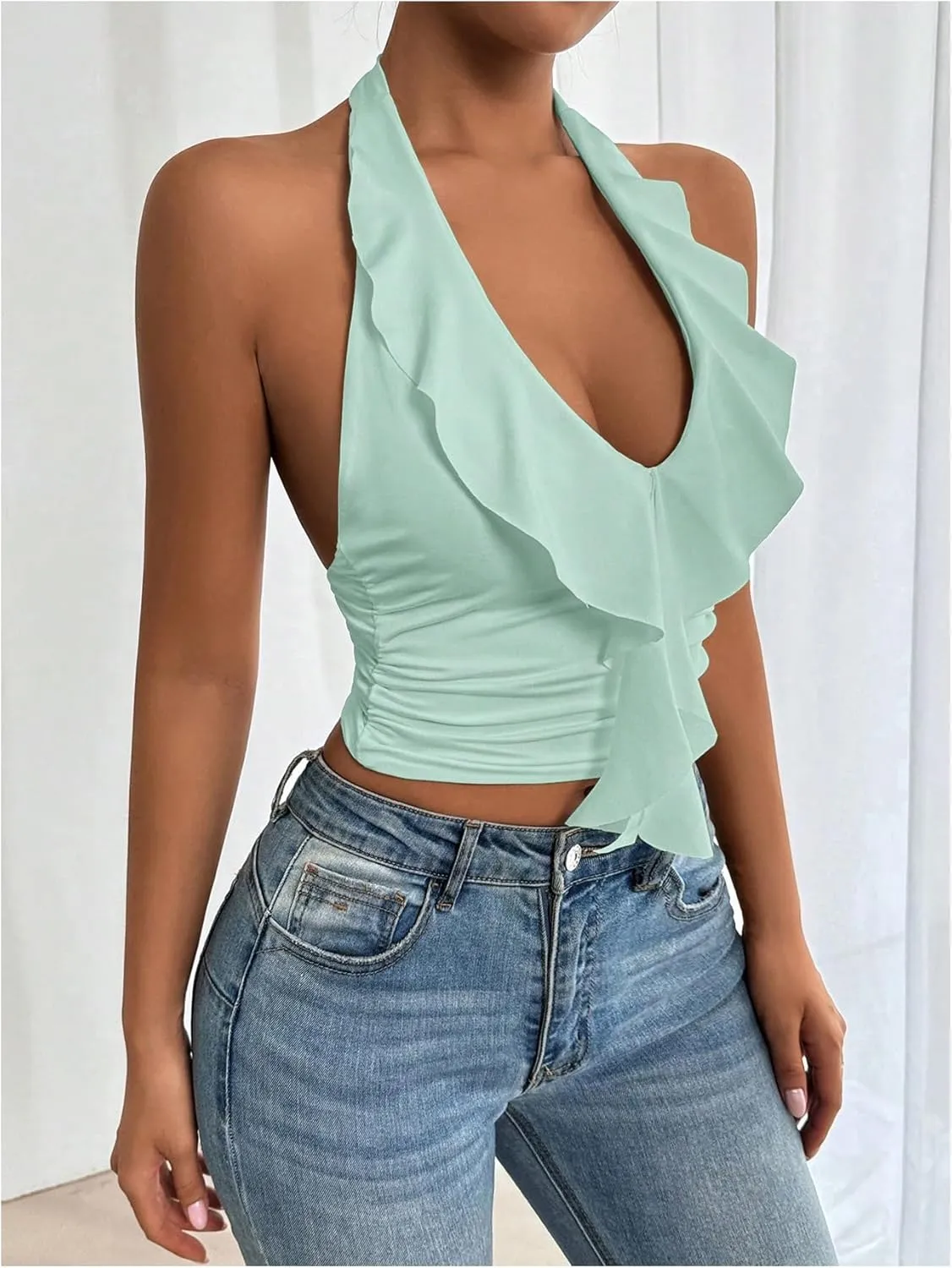 SOLY HUX Women's Ruffle Trim Halter Tops Ruched V Neck Sleeveless Going Out Crop Tops