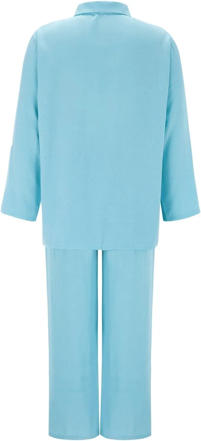 Summer 2 Piece Sets Women Cotton Linen Button Down Shirt and Wide Leg Pants Outfits Casual Comfy Beach Suit Plus Size