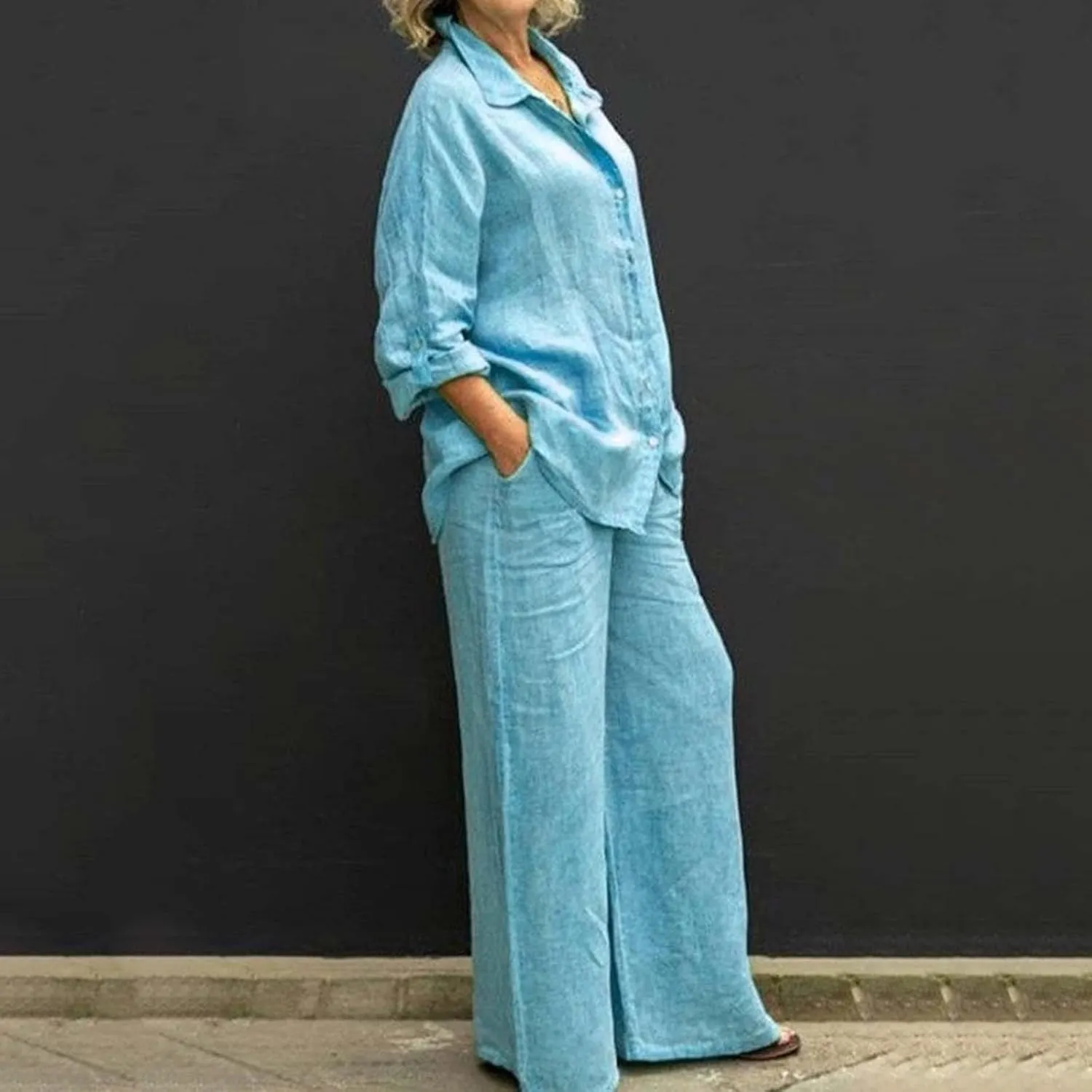 Summer 2 Piece Sets Women Cotton Linen Button Down Shirt and Wide Leg Pants Outfits Casual Comfy Beach Suit Plus Size