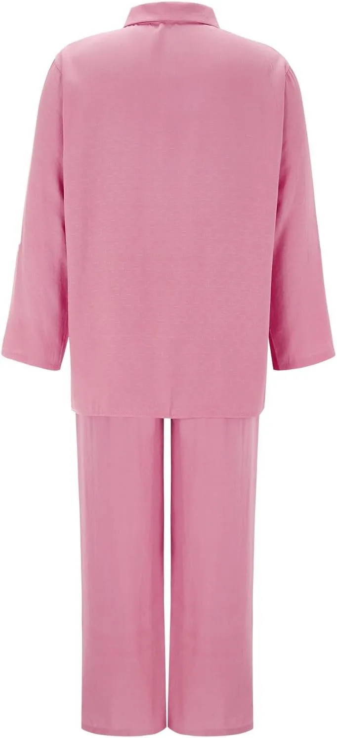 Summer 2 Piece Sets Women Cotton Linen Button Down Shirt and Wide Leg Pants Outfits Casual Comfy Beach Suit Plus Size