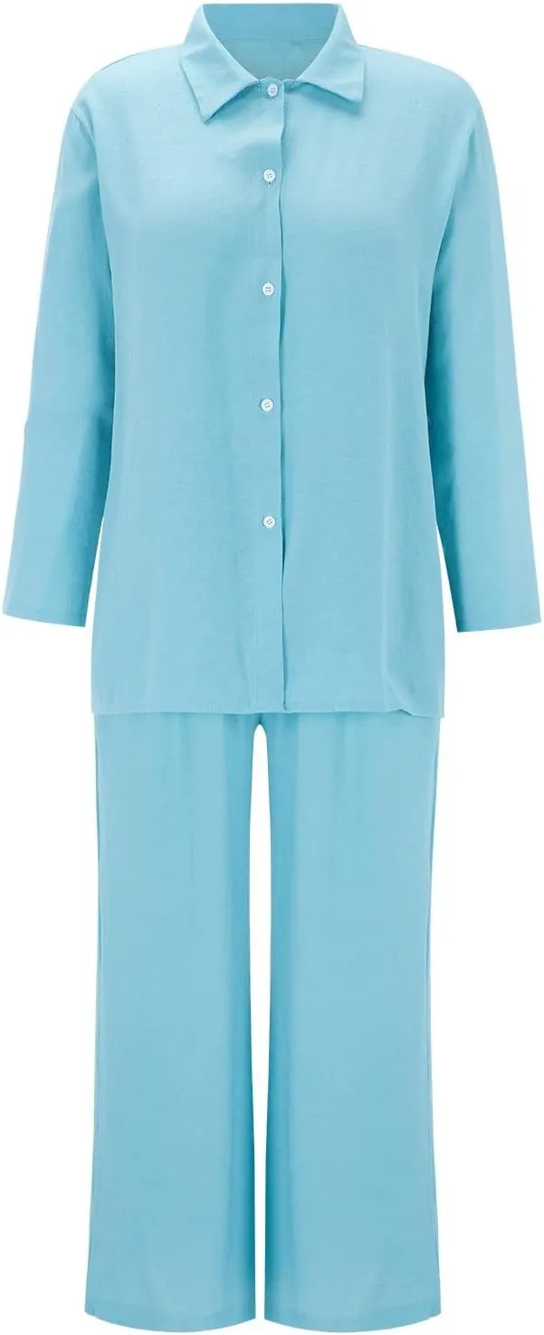 Summer 2 Piece Sets Women Cotton Linen Button Down Shirt and Wide Leg Pants Outfits Casual Comfy Beach Suit Plus Size