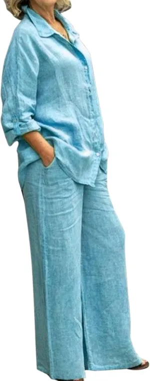 Summer 2 Piece Sets Women Cotton Linen Button Down Shirt and Wide Leg Pants Outfits Casual Comfy Beach Suit Plus Size
