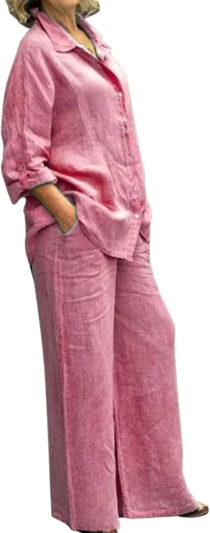 Summer 2 Piece Sets Women Cotton Linen Button Down Shirt and Wide Leg Pants Outfits Casual Comfy Beach Suit Plus Size