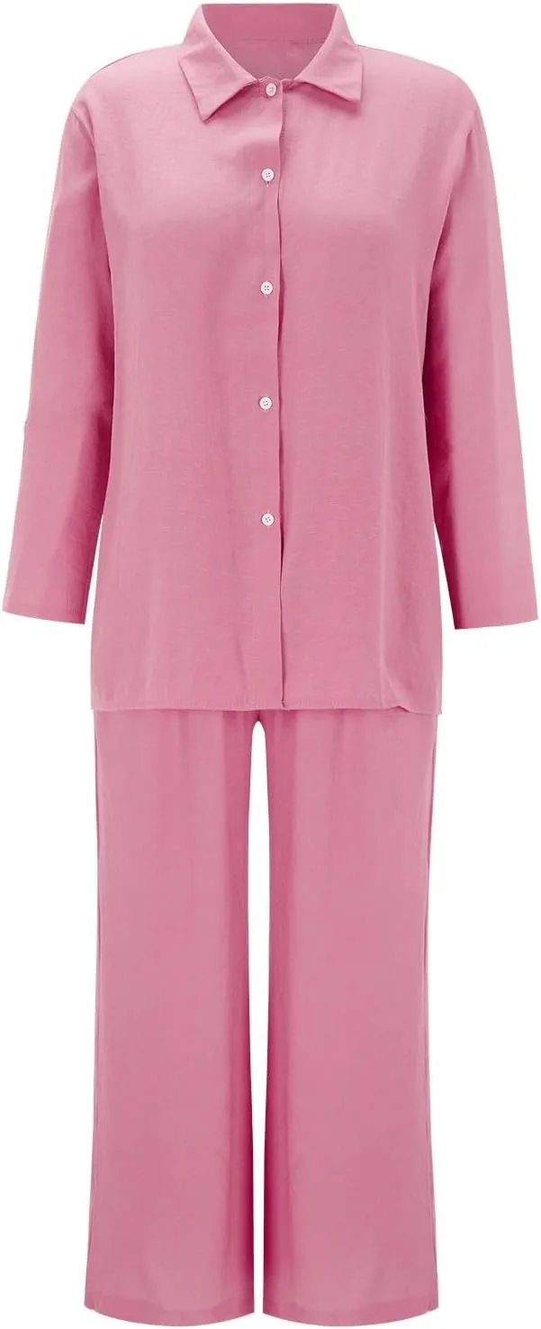 Summer 2 Piece Sets Women Cotton Linen Button Down Shirt and Wide Leg Pants Outfits Casual Comfy Beach Suit Plus Size
