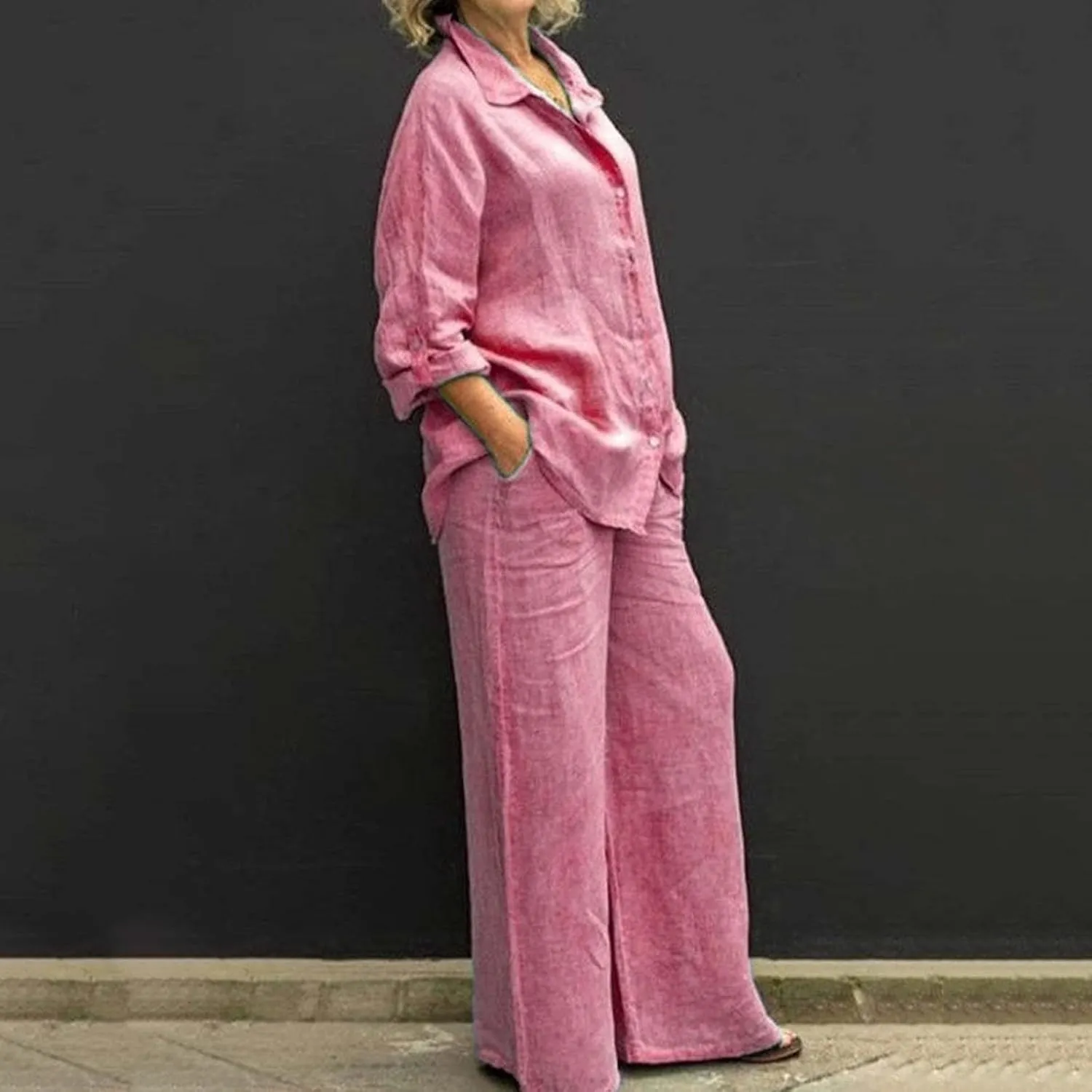 Summer 2 Piece Sets Women Cotton Linen Button Down Shirt and Wide Leg Pants Outfits Casual Comfy Beach Suit Plus Size