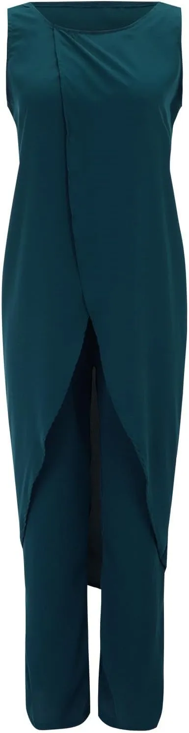 Summer Outfits for Women 2024 Sleeveless Long Vest Robe 2-Piece Sets Front Cross Split Gown Blouse Wide Leg Pants Suit