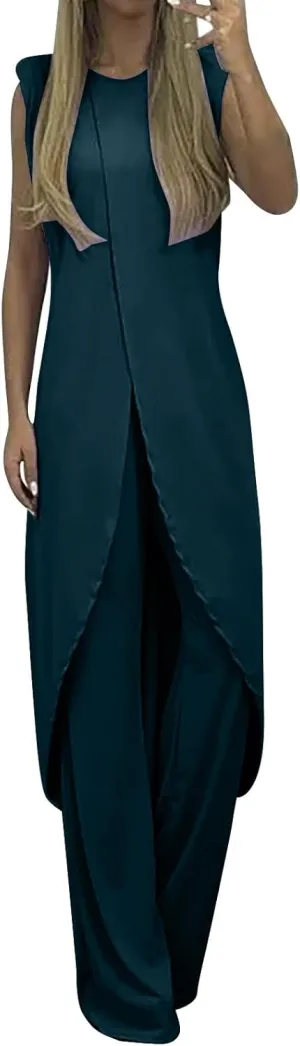 Summer Outfits for Women 2024 Sleeveless Long Vest Robe 2-Piece Sets Front Cross Split Gown Blouse Wide Leg Pants Suit