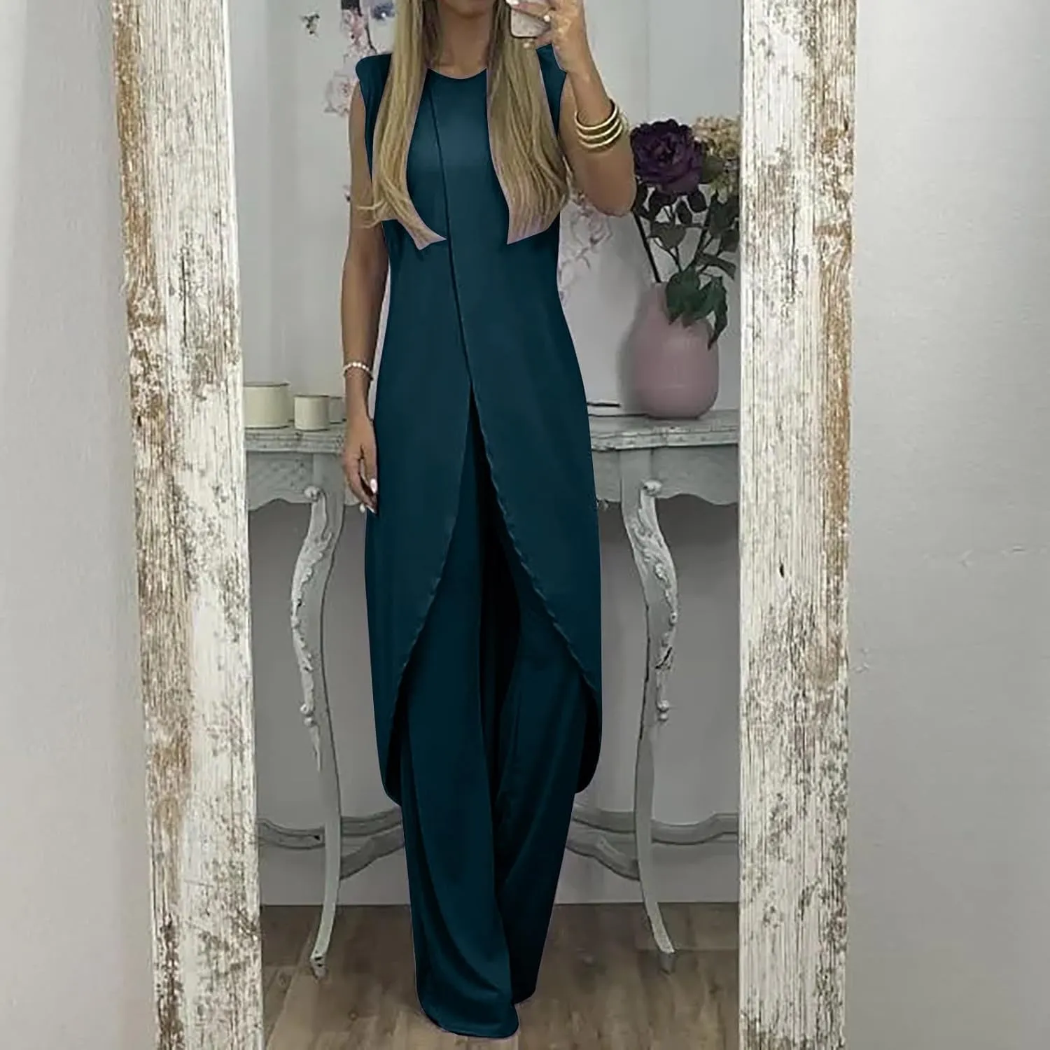 Summer Outfits for Women 2024 Sleeveless Long Vest Robe 2-Piece Sets Front Cross Split Gown Blouse Wide Leg Pants Suit