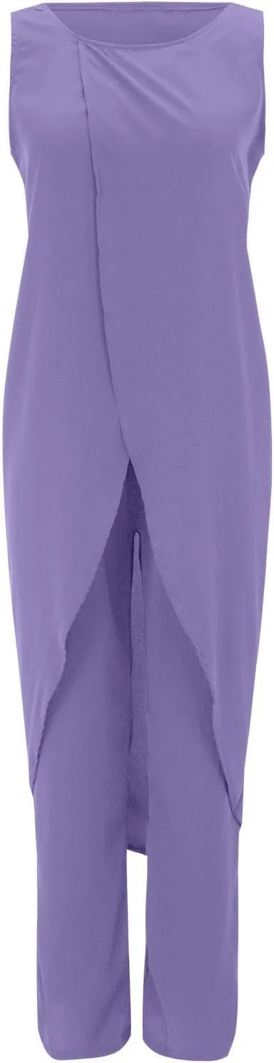 Summer Outfits for Women 2024 Sleeveless Long Vest Robe 2-Piece Sets Front Cross Split Gown Blouse Wide Leg Pants Suit