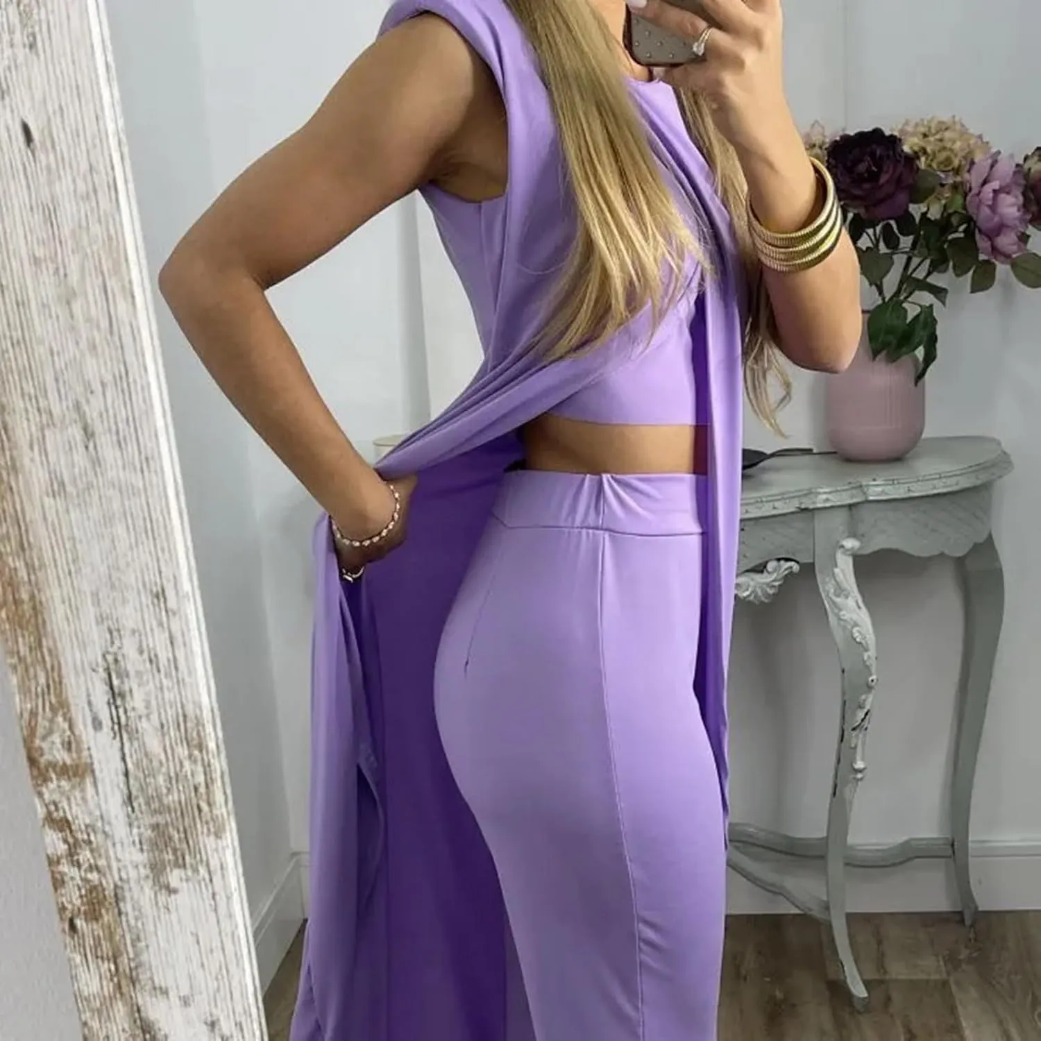 Summer Outfits for Women 2024 Sleeveless Long Vest Robe 2-Piece Sets Front Cross Split Gown Blouse Wide Leg Pants Suit