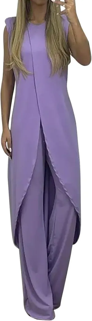 Summer Outfits for Women 2024 Sleeveless Long Vest Robe 2-Piece Sets Front Cross Split Gown Blouse Wide Leg Pants Suit