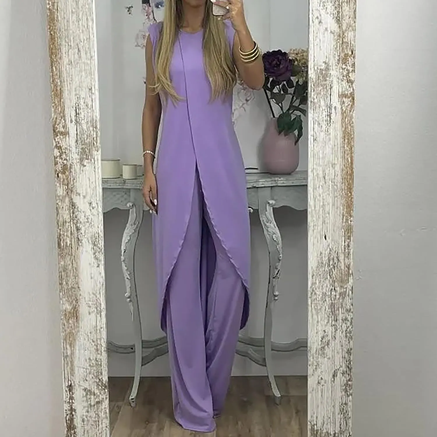 Summer Outfits for Women 2024 Sleeveless Long Vest Robe 2-Piece Sets Front Cross Split Gown Blouse Wide Leg Pants Suit